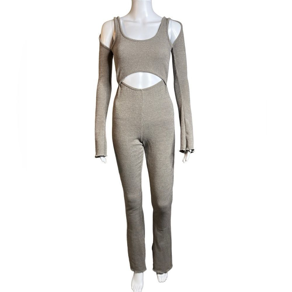 Pretty Little Thing Cut Out Long Sleeve Knit Jumpsuit Grey Size 0